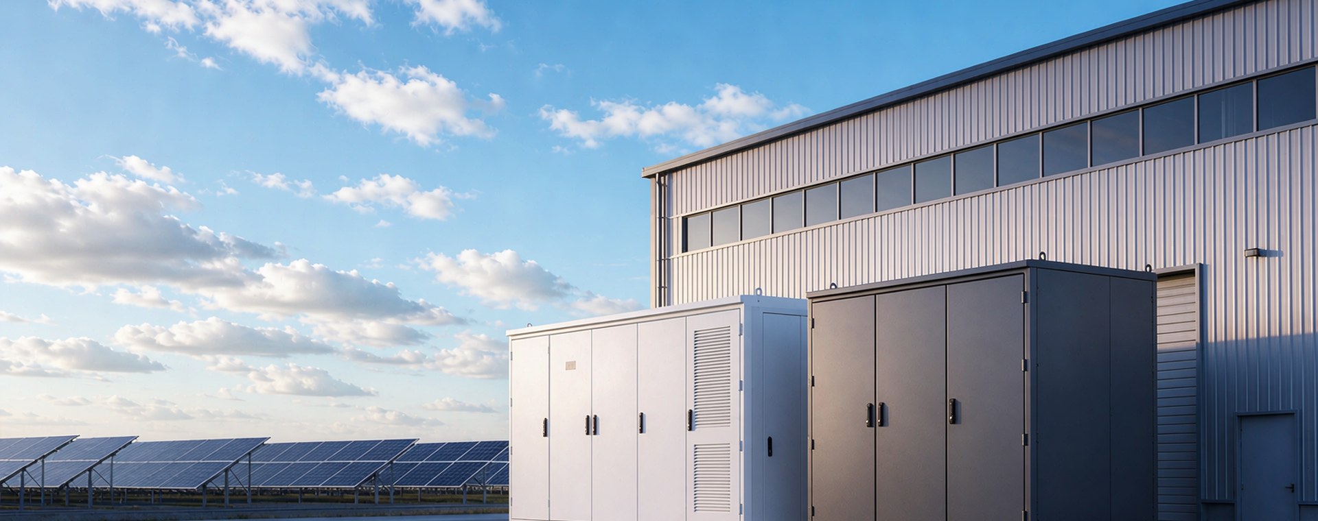 Commercial and industrial battery storage cabinets installed beside a factory building