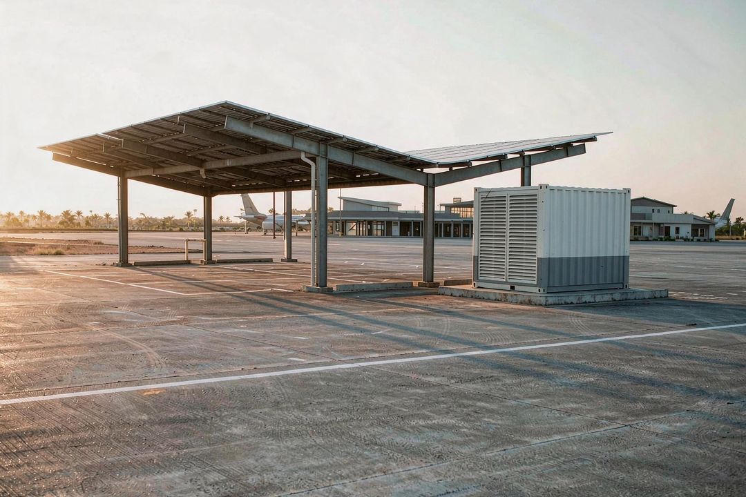 Rendered visual simulation of a solar carport and containerised battery storage unit on a regional airport apron