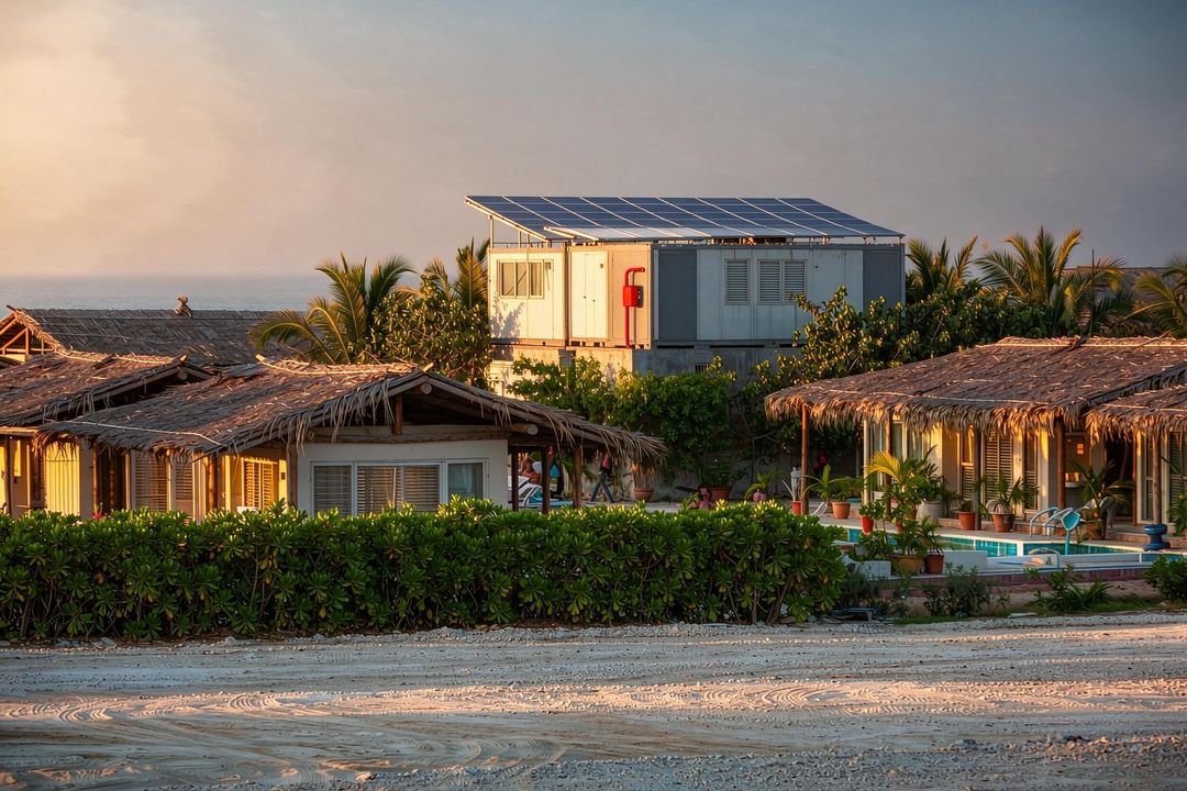 Rendered visual simulation of a beach resort at golden hour with rooftop solar and a containerised battery storage unit in the service yard
